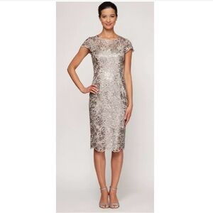 Alex Evenings Dress Sequin Embroidered Lace Sheath Metallic Modest Event Party
